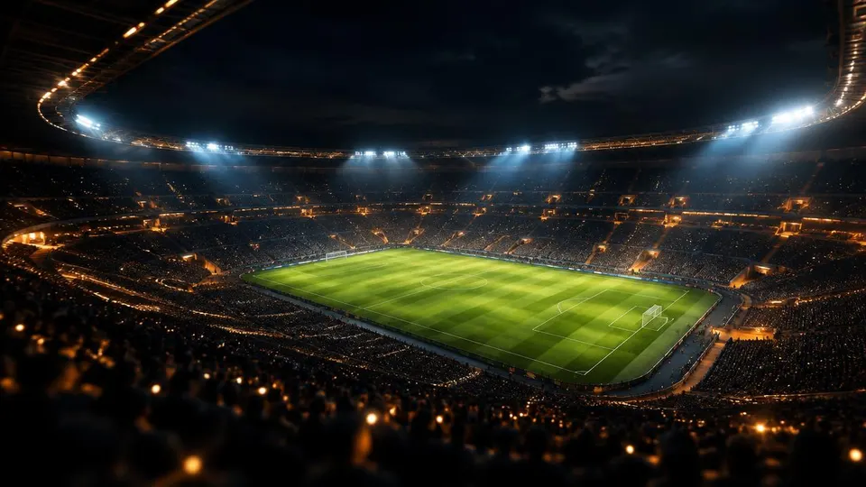 Original illustration of a floodlit stadium at night